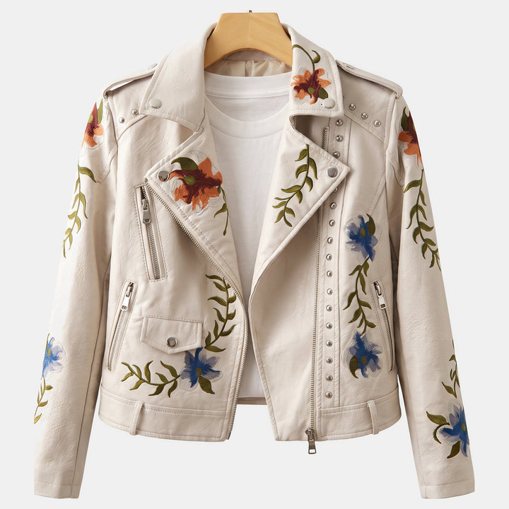 Women's Cropped Leather Moto Jacket, Zip Front Embroidered