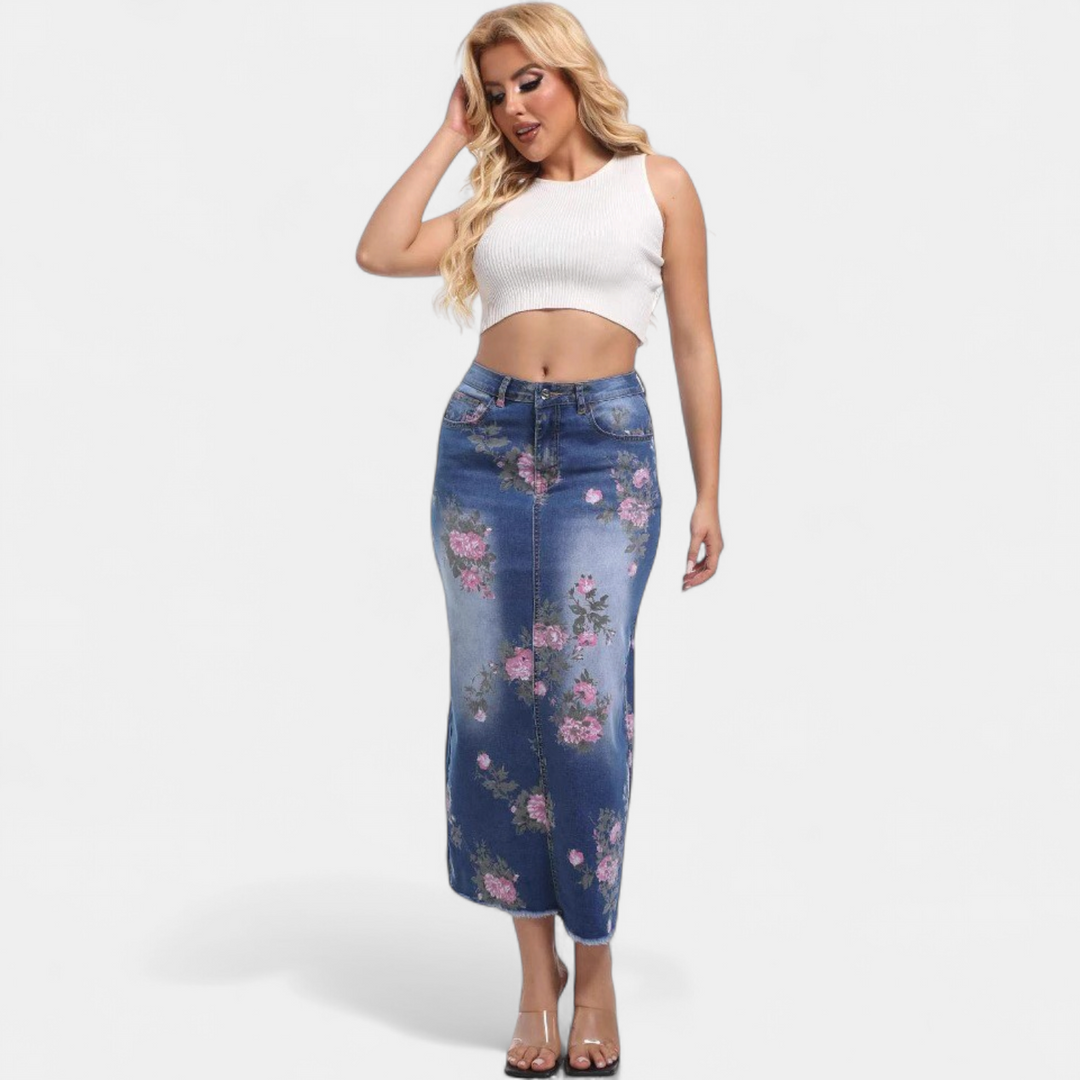 Women's Floral Print Denim Midi Skirt, Fitted Pencil Raw Hem