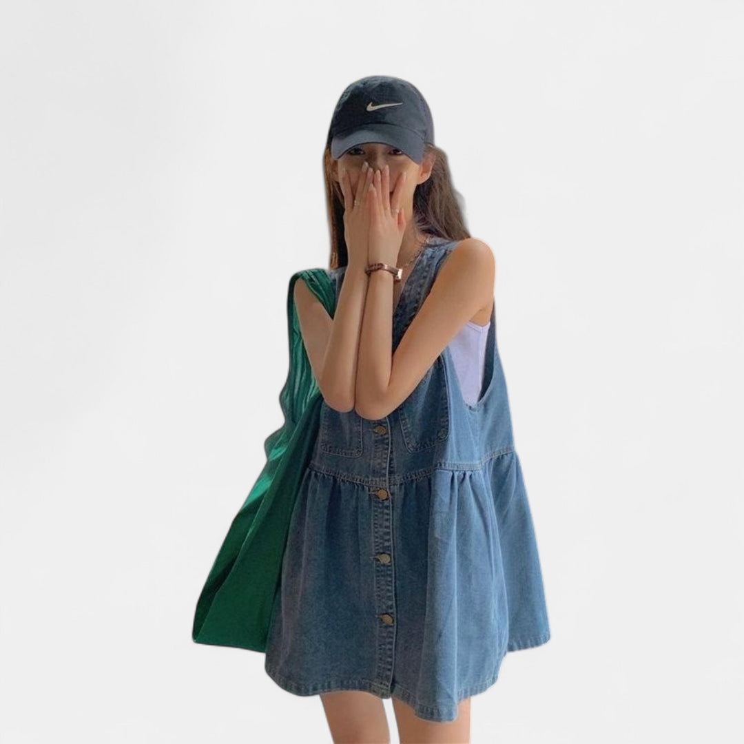Women's Denim Mini Dress, Sleeveless V Neck Button Front