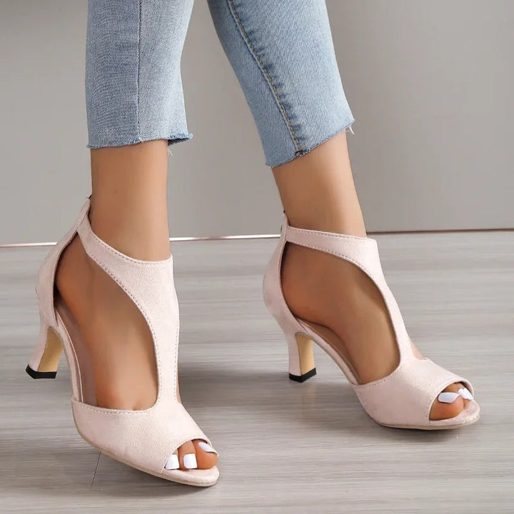 Women's Kitten Heel Peep Toe T Strap Sandals, Cutout Zip Back