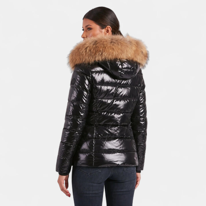 Women's Puffer Jacket, Hip Length Faux Fur Collar Tailored Zip