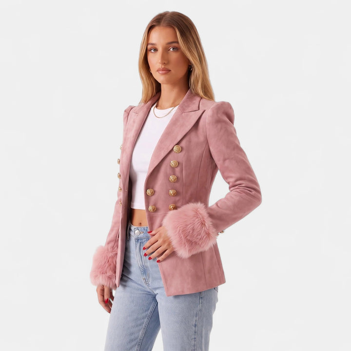 Women's Double Breasted Suede Blazer, Faux Fur Cuffs Tailored
