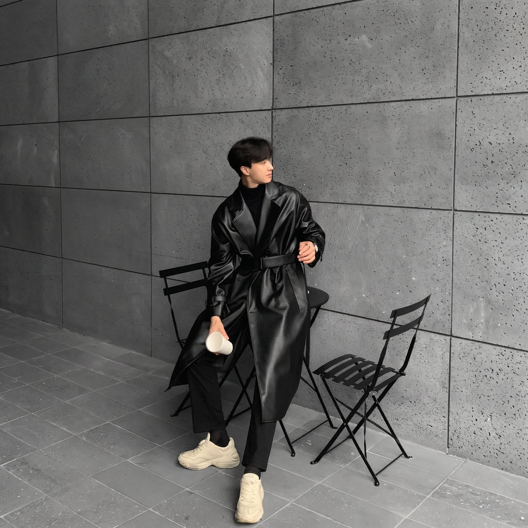 Men's Long Black Trench Coat, Oversized Double Breasted Belted