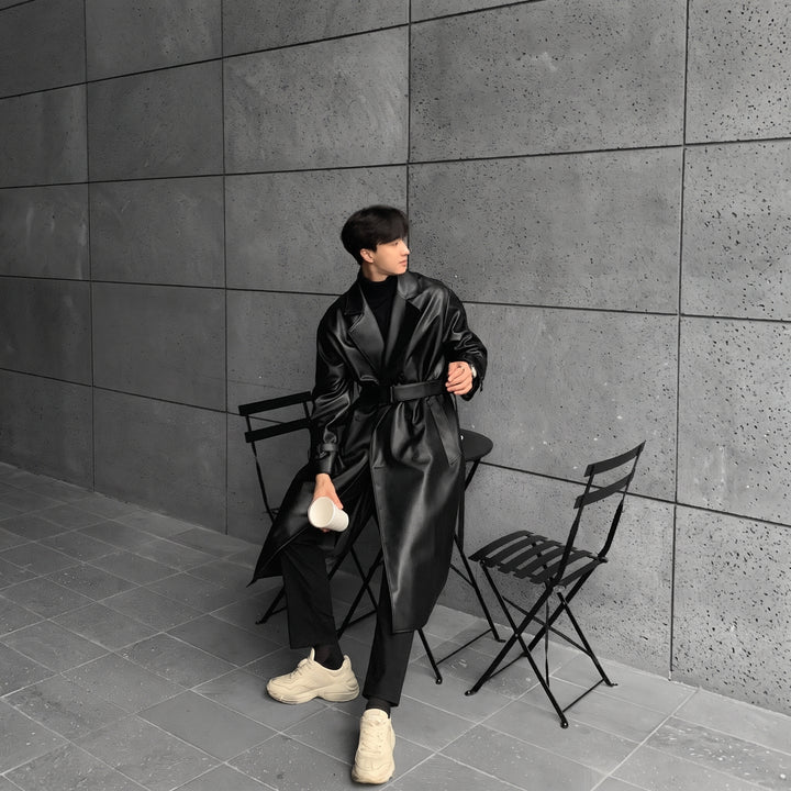 Men's Long Black Trench Coat, Oversized Double Breasted Belted