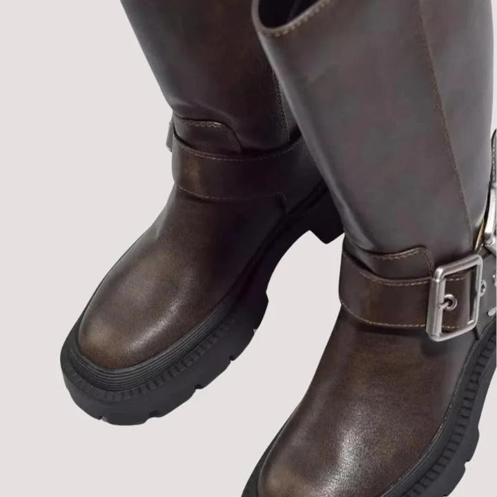 Women's Flat Heel Knee High Boots, Buckle Strap Lug Sole