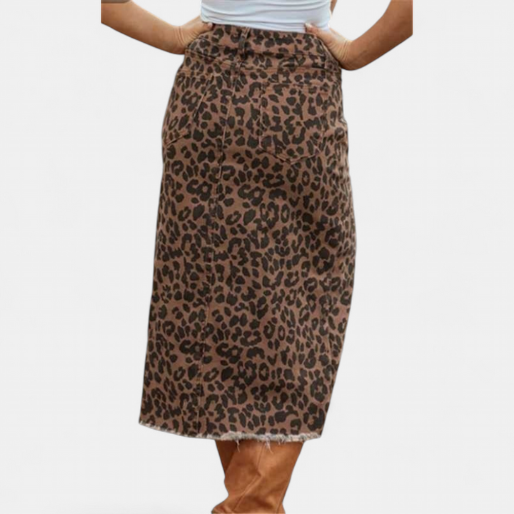 Women's Leopard Print Denim Midi Skirt, High Waist Pencil Fit Raw Hem
