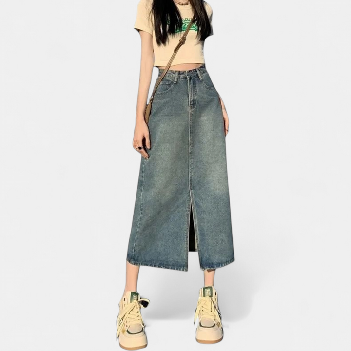 Women's High Waist A Line Denim Midi Skirt, Front Slit