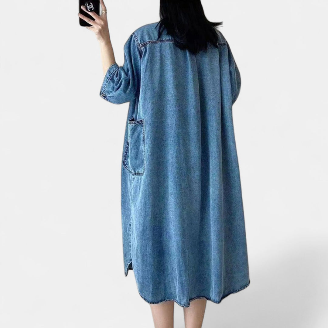 Women's Denim Midi Shirt Dress, Oversized Button Front