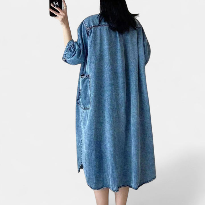 Women's Denim Midi Shirt Dress, Oversized Button Front