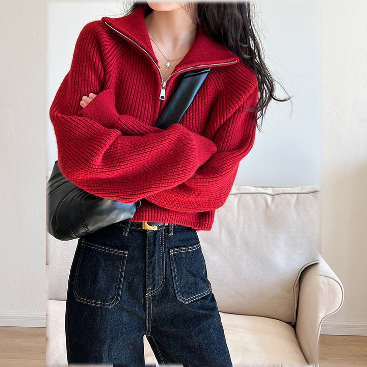 Women's Quarter Zip Sweater, Cropped Ribbed Knit Pullover