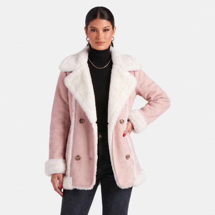 Women's Double Breasted Suede Jacket, Short Shearling Trim