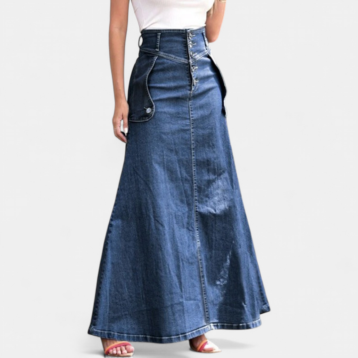 Women's High Waisted A Line Denim Maxi Skirt, Diagonal Button Front