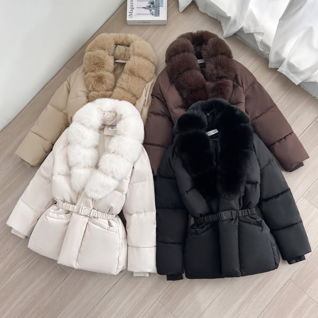 Women's Long Puffer Jacket with Fur Hood, Fitted Waist Padded Coat