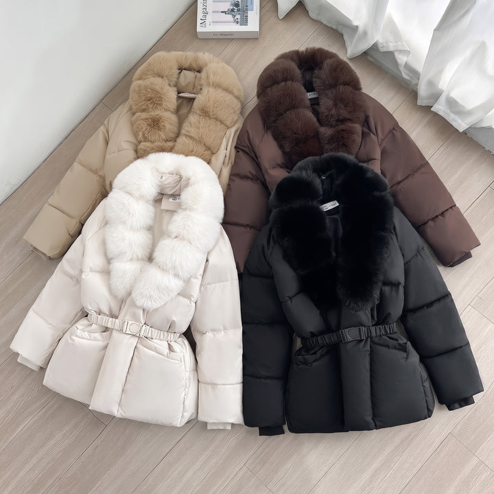 Women's Long Puffer Jacket with Fur Hood, Fitted Waist Padded Coat