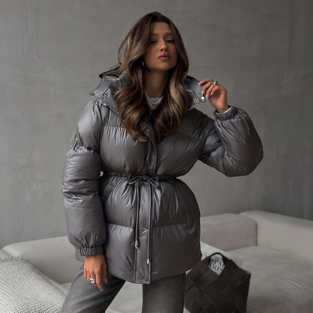 Women's Quilted Winter Puffer Jacket, Bubble Hooded Shiny Padded