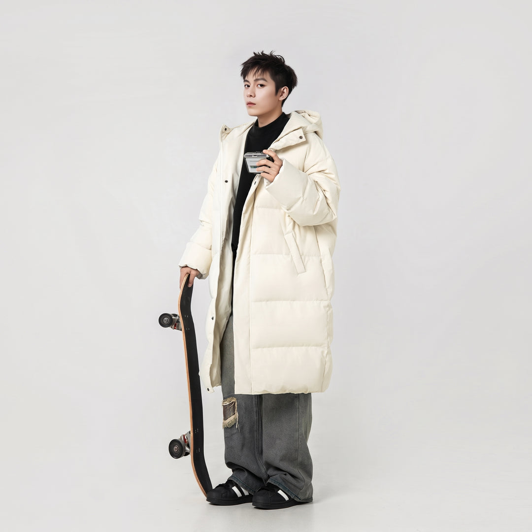 Men's Cream Long Puffer Jacket with Hood, Quilted Midlength