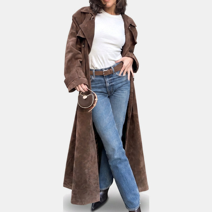 Women's Long Suede Trench Coat, Belted Waist Button Front