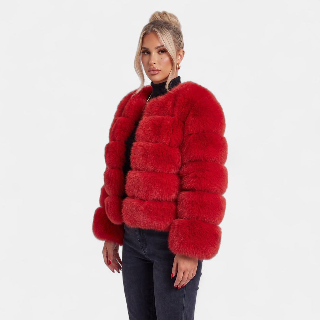 Women's Cropped Faux Fur Coat, Collarless Tiered Open Front