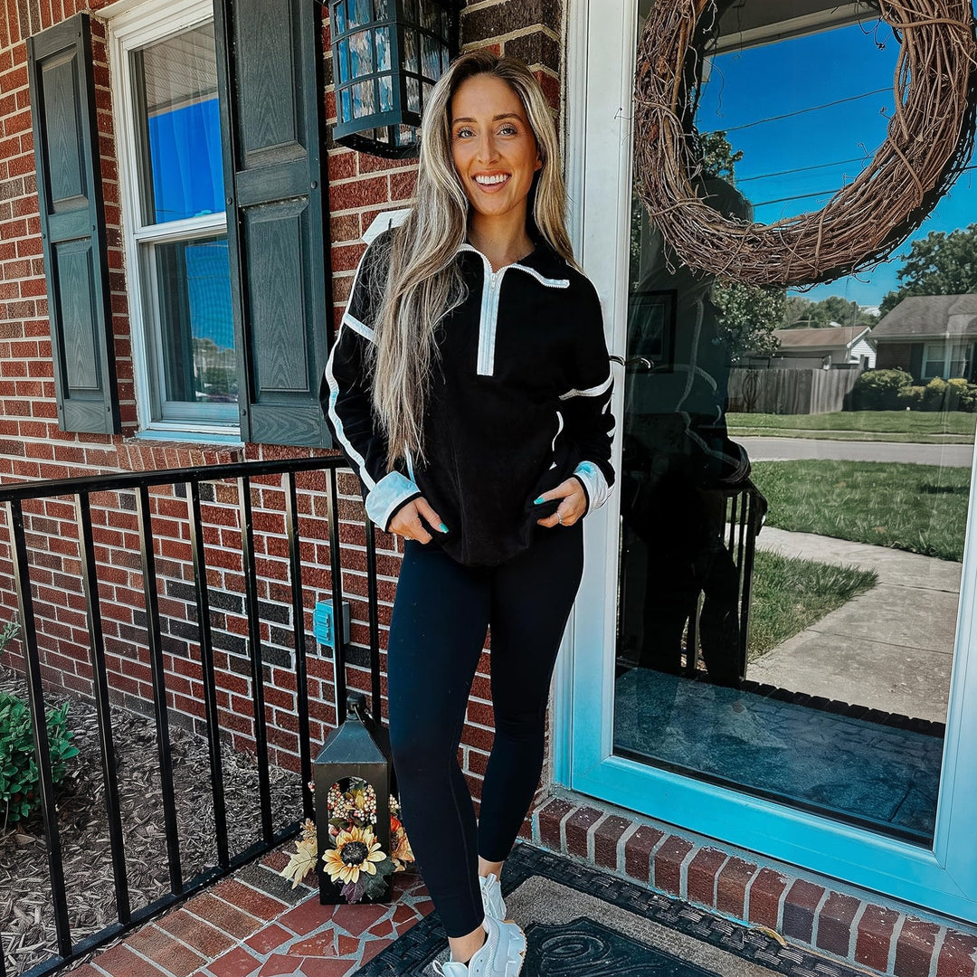 Women's Quarter Zip Sweater, Contrast Trim Mock Neck Pullover