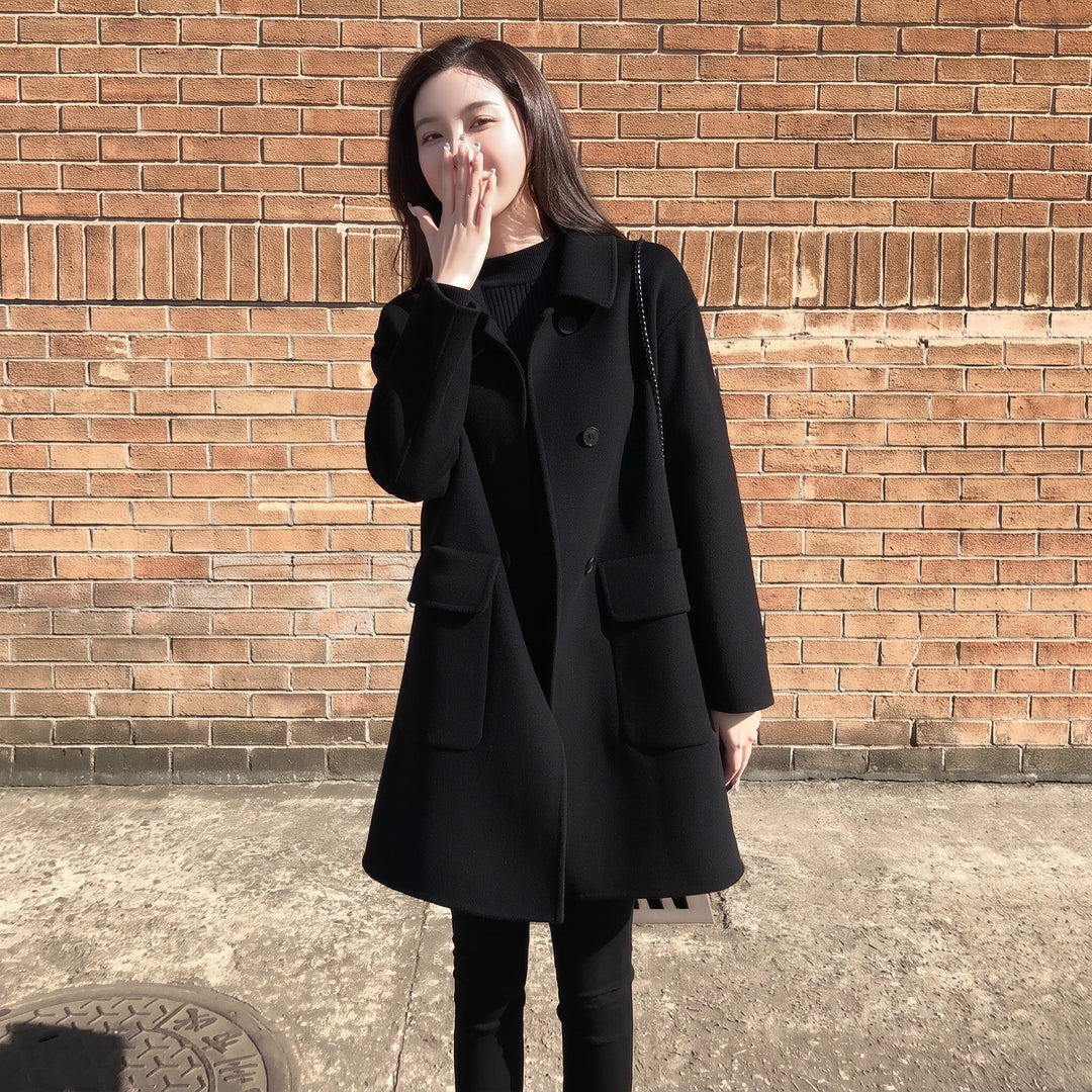 Women's Black Double Breasted Peacoat, Oversized Mid Length