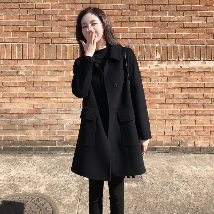 Women's Black Double Breasted Peacoat, Oversized Mid Length
