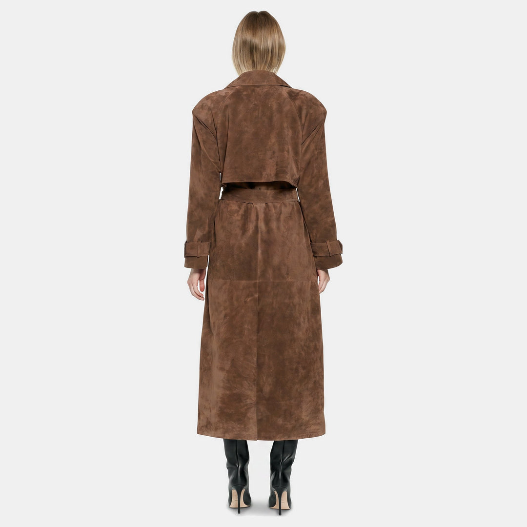 Women's Longline Suede Trench Coat, Belted Waist Button Front