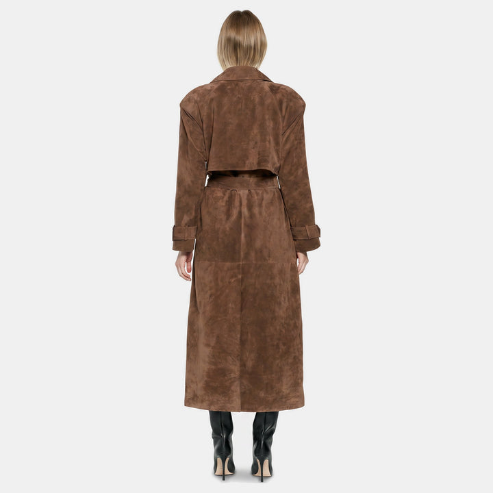 Women's Longline Suede Trench Coat, Belted Waist Button Front