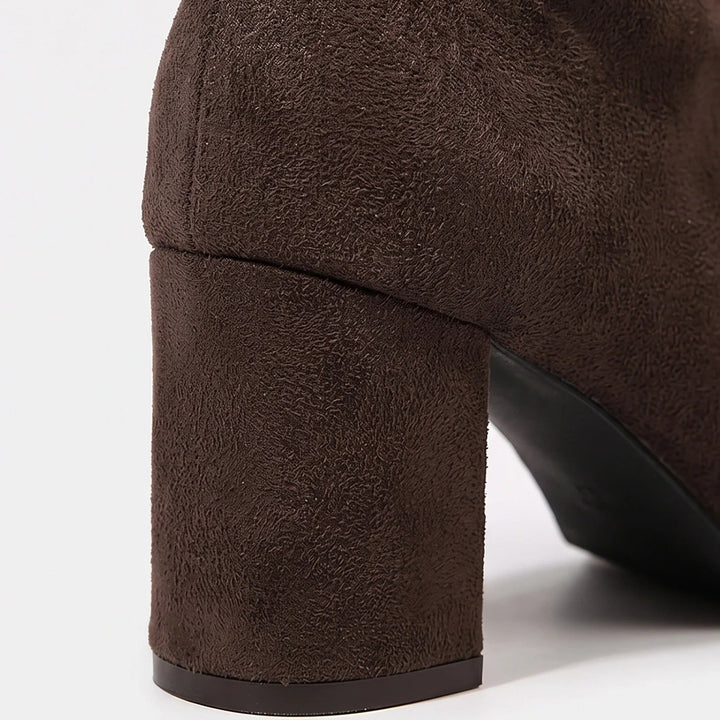 Women's Knee High Boots, Suede Block Heel Pointed Toe Fitted