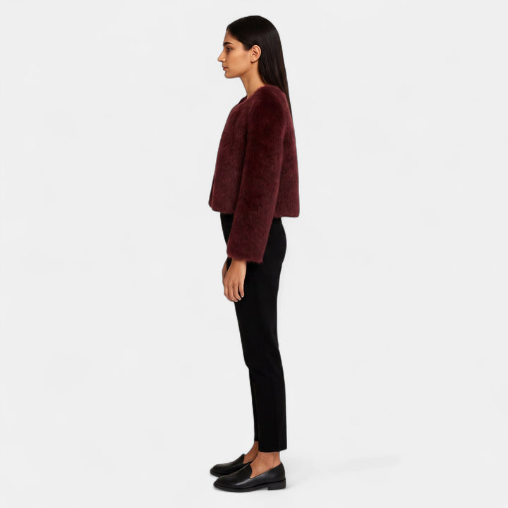 Women's Oversized Short Faux Fur Coat, Collarless Boxy Fit