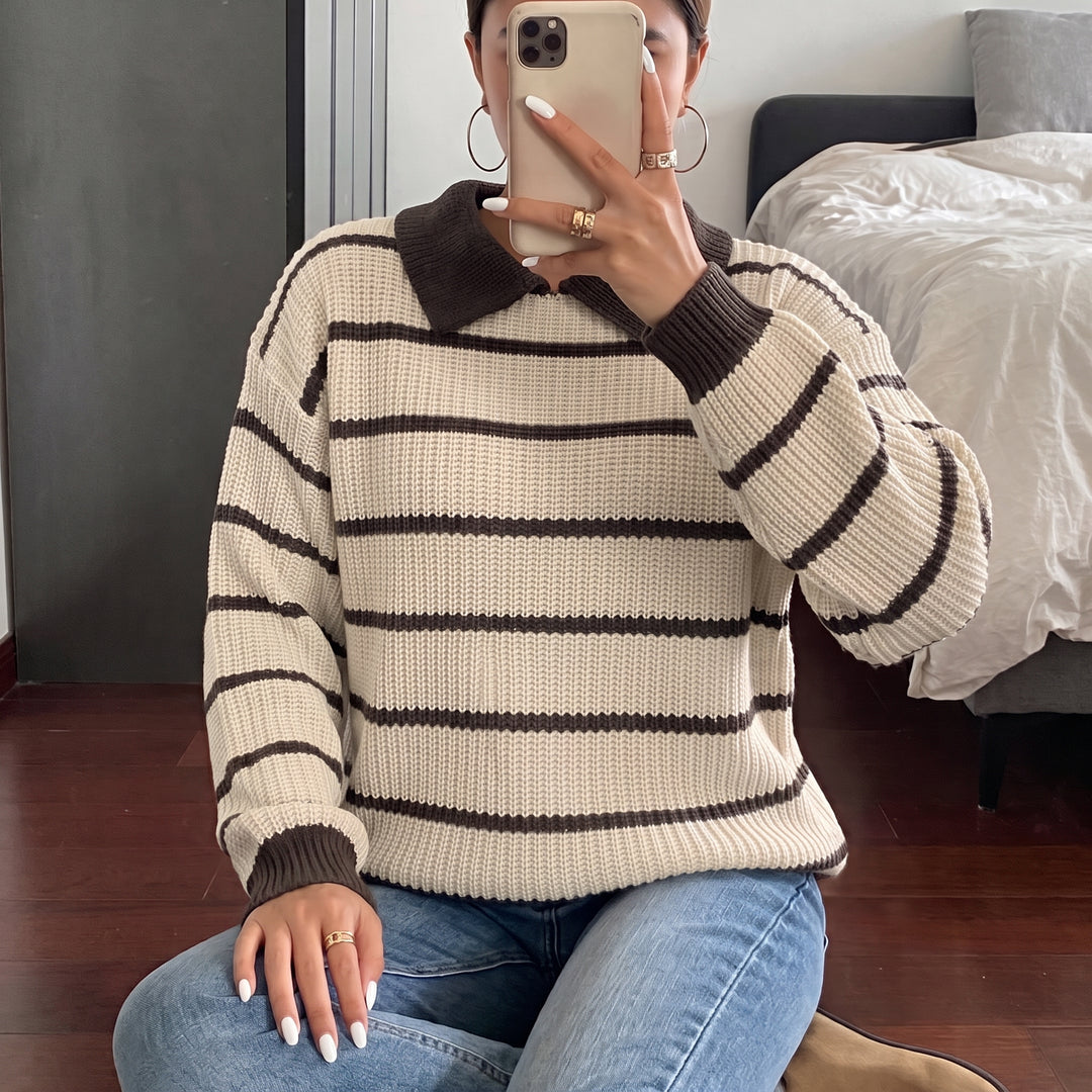 Women's Long Sleeve Collared Rugby Shirt, Knitted Brown