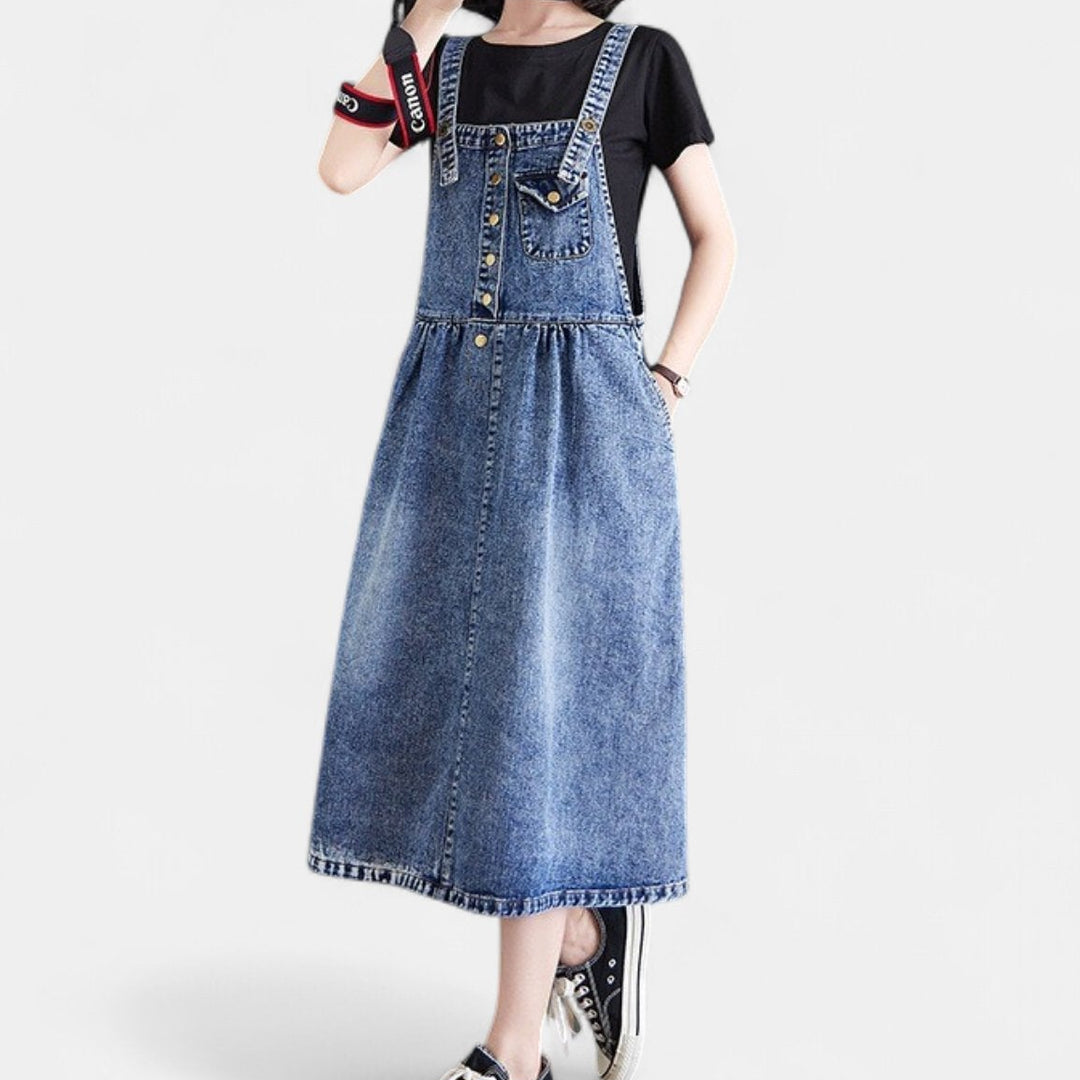 Women's Denim Pinafore Midi Dress, Sleeveless Button Straps