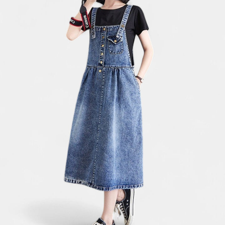 Women's Denim Pinafore Midi Dress, Sleeveless Button Straps