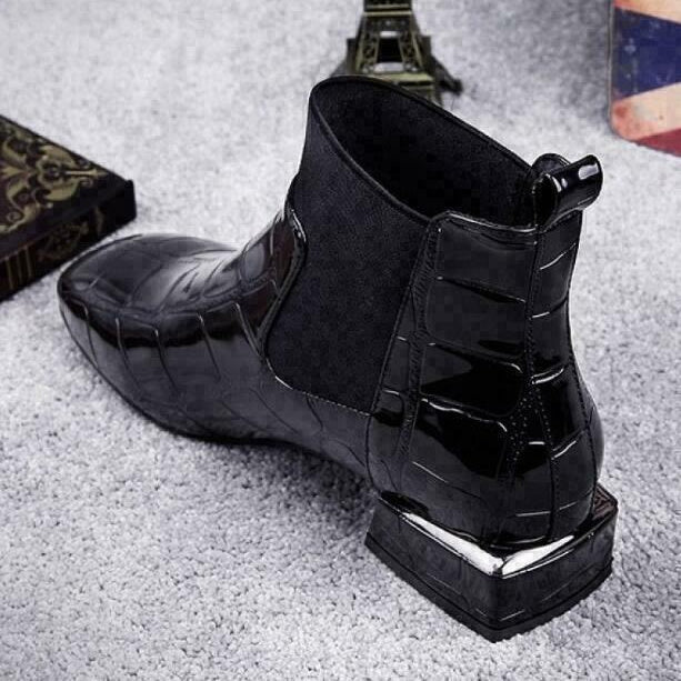 Women's Crocodile Embossed Square Toe Chelsea Boots, Block Heel