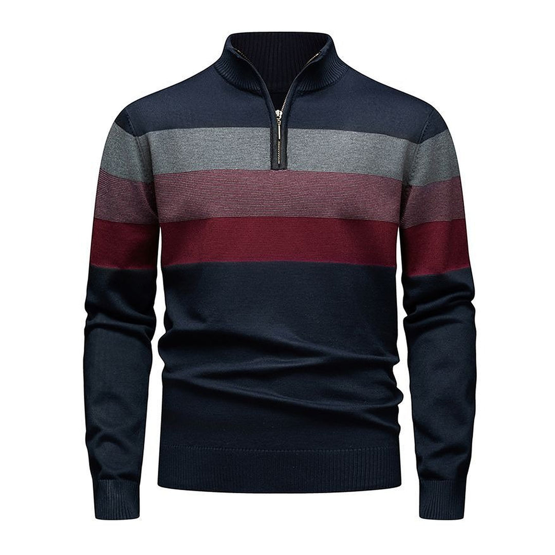 Men's Quarter Zip Sweater, Striped Ribbed Knit Mock Neck Pullover
