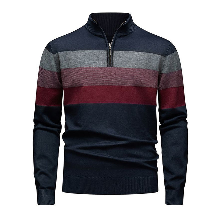 Men's Quarter Zip Sweater, Striped Ribbed Knit Mock Neck Pullover