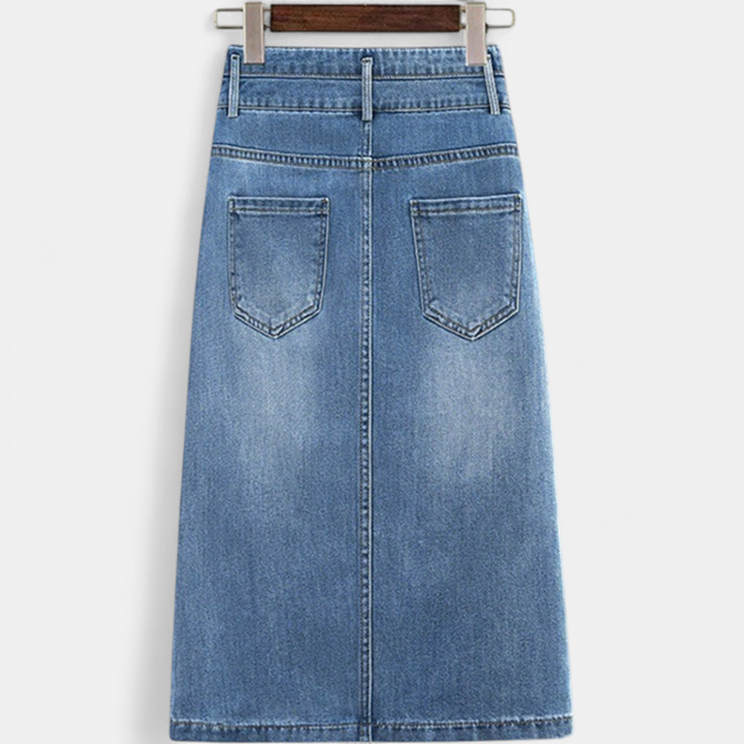 Women's Embroidered High Waist Denim Midi Skirt, Front Slit