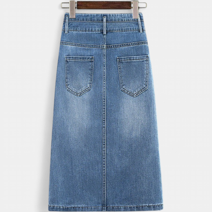 Women's Embroidered High Waist Denim Midi Skirt, Front Slit