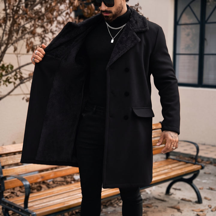 Men's Long Double Breasted Peacoat, Fur Collar Fleece Fuzzy