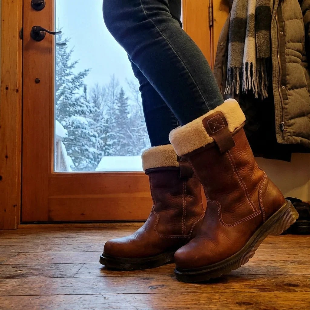 Women's Shearling Brown Boots, Mid Calf Lug Sole Pull On