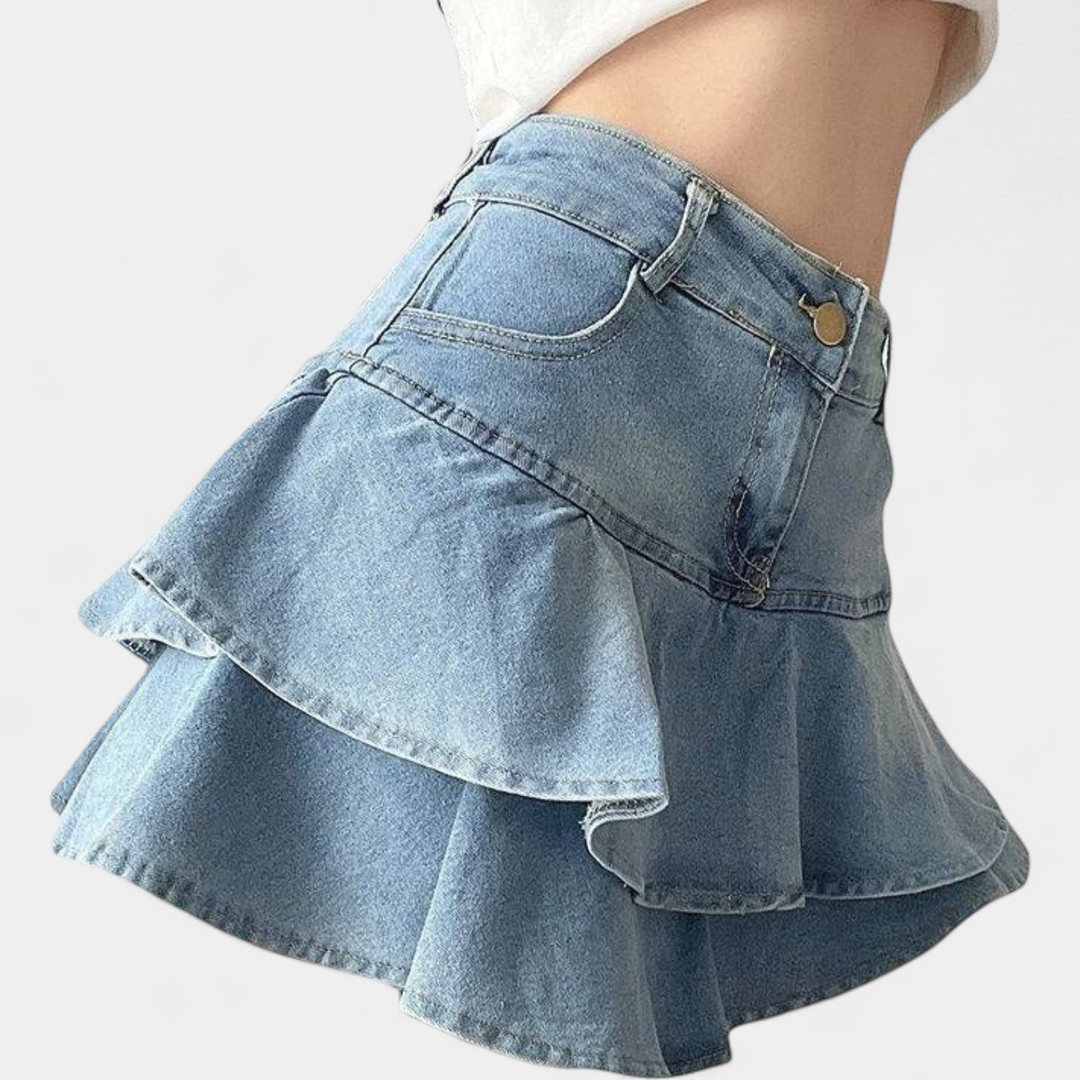 Women's High Waisted Denim Mini Skirt, Tiered Ruffle A Line