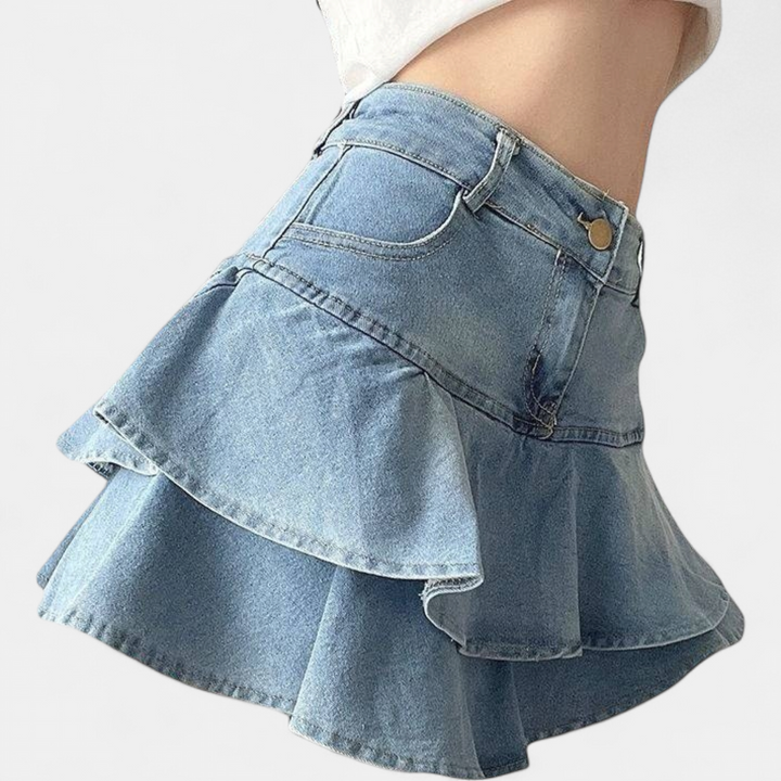 Women's High Waisted Denim Mini Skirt, Tiered Ruffle A Line