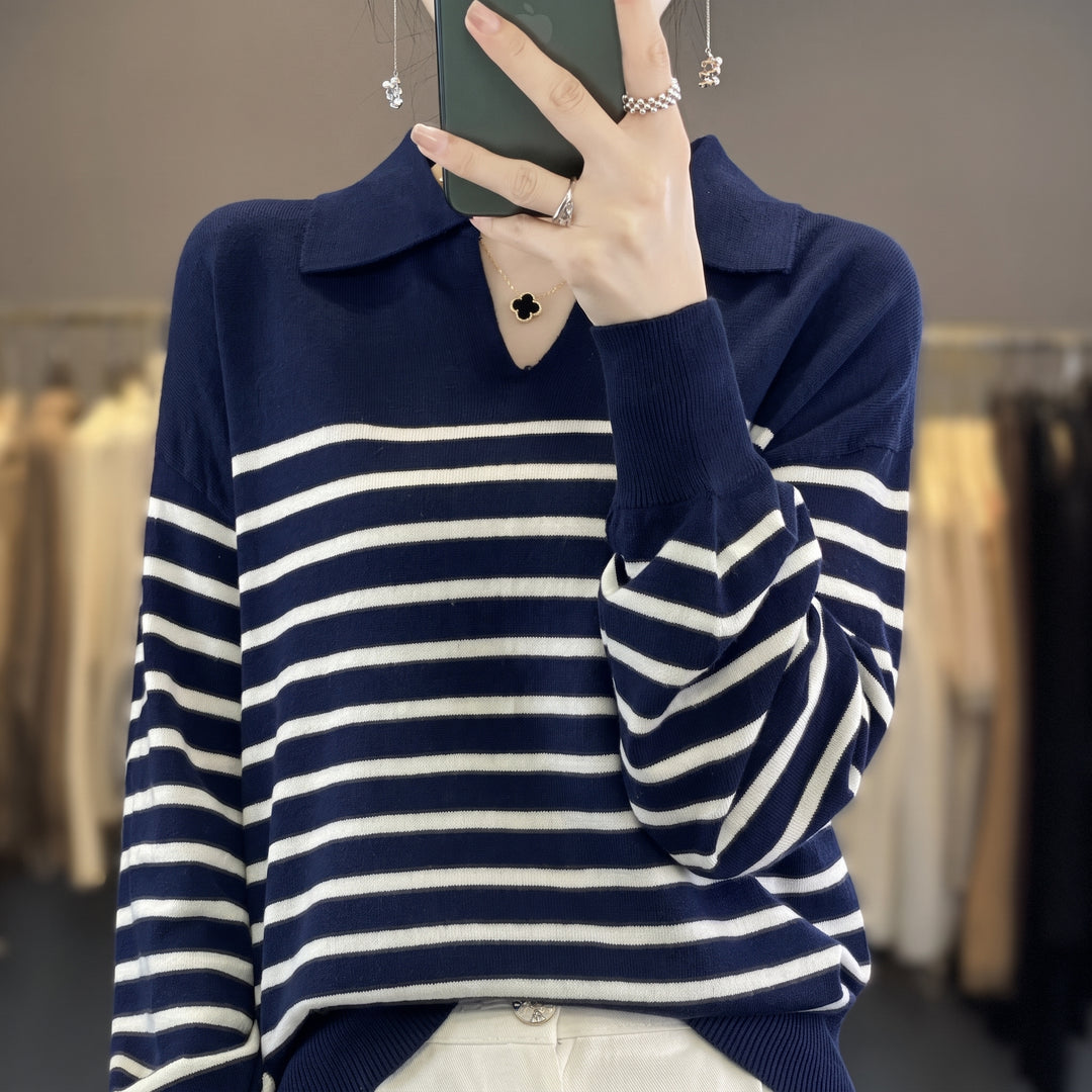 Women's Long Sleeve Polo Rugby Shirt, Collared Knitted V-neck