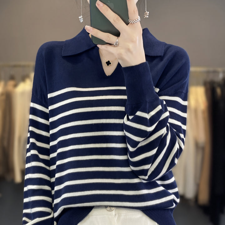 Women's Long Sleeve Polo Rugby Shirt, Collared Knitted V-neck