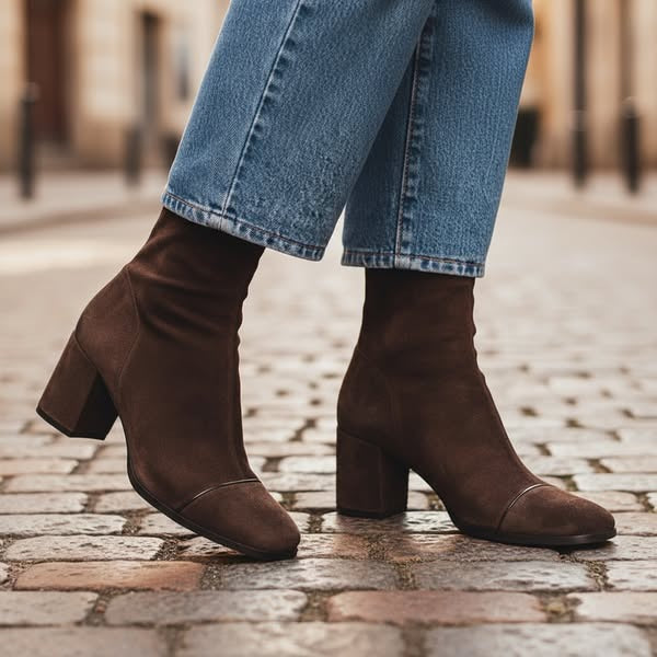 Women's Suede Square Toe Brown Boots, Block Heel Side Zip