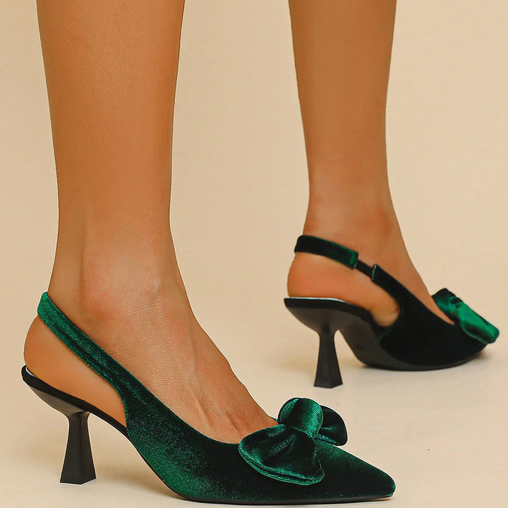 Women's Kitten Heel Slingback Pumps, Pointed Toe Velvet Bow