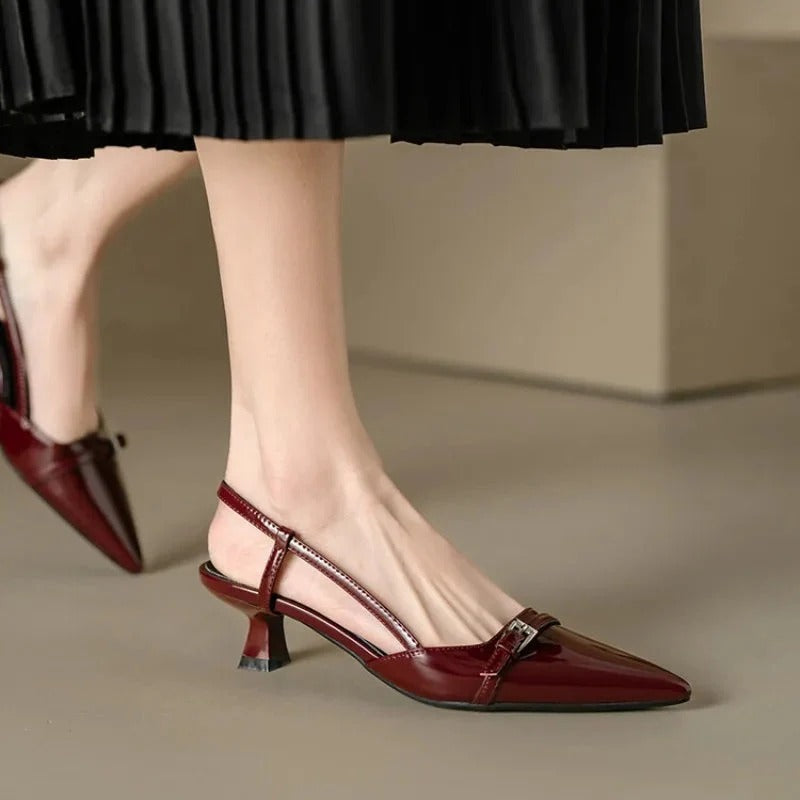 Women's Slingback T Strap Kitten Heel Pumps, Pointed Toe Buckle Detail