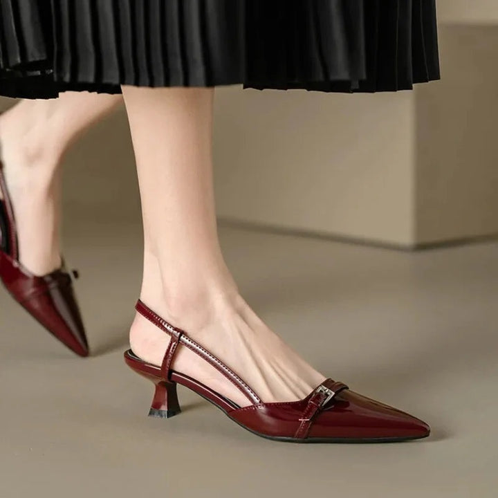 Women's Slingback T Strap Kitten Heel Pumps, Pointed Toe Buckle Detail