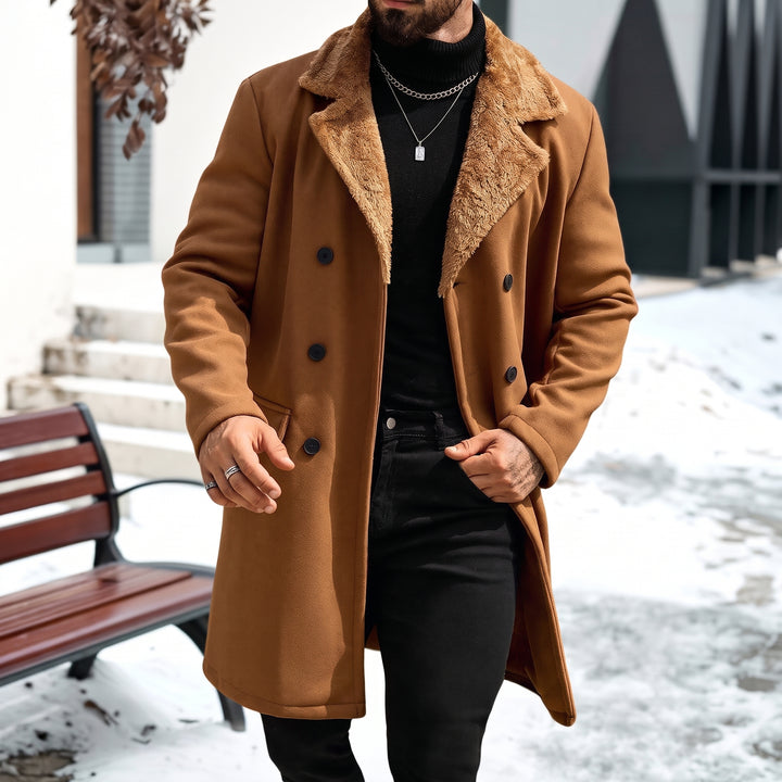 Men's Long Double Breasted Peacoat, Fur Collar Fleece Fuzzy