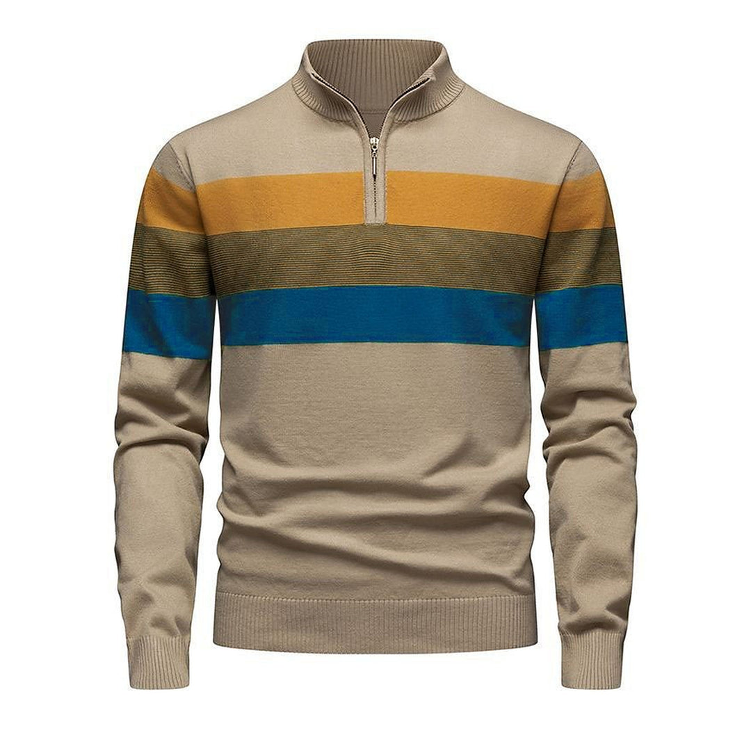 Men's Quarter Zip Sweater, Striped Ribbed Knit Mock Neck Pullover