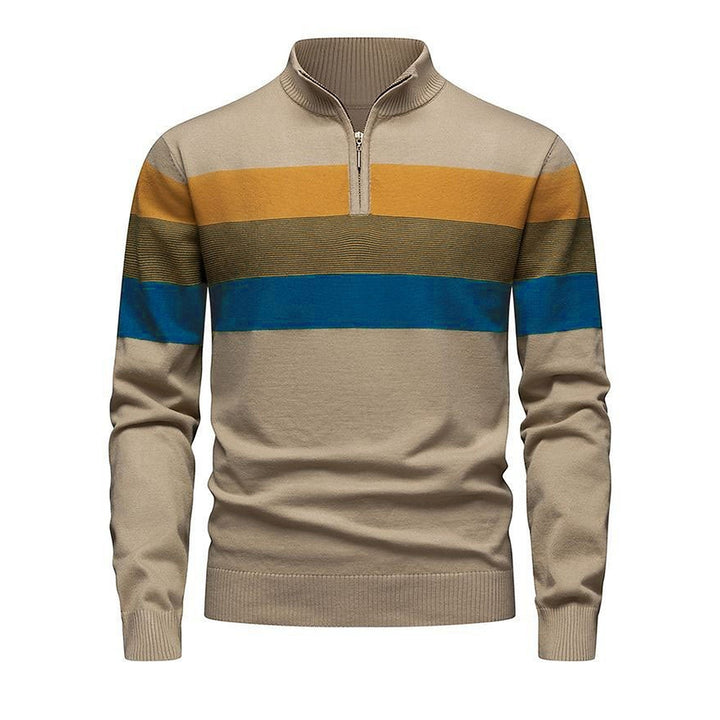 Men's Quarter Zip Sweater, Striped Ribbed Knit Mock Neck Pullover